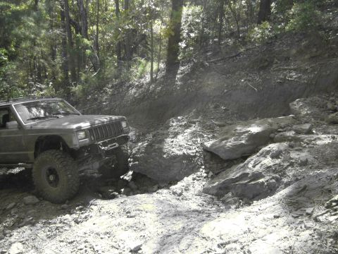 1995 Ford Bronco - A Jeep Cherokee XJ navigates a rocky, off-road trail surrounded by trees.