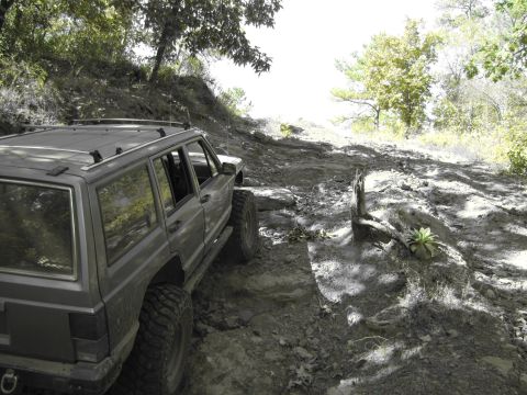 1995 Ford Bronco - A gray SUV navigates a challenging rocky and wooded trail, its off-road capabilities.