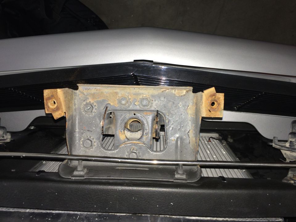 1965 Mustang hood latch grille support mount removed for billet grile, top view