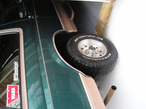 1996 Ford Bronco - This vehicle has a spare tire mounted on the rear quarter panel and features BFGoodrich and Warn stickers.