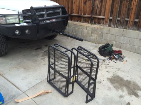 1997 Dodge 3500 - Front view of a 1997 Dodge 3500 pickup truck with a custom bumper and hitch receiver, ready for a cargo carrier.
