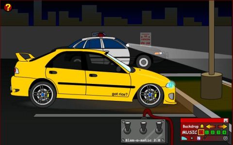 1998 Mercury Sable - A cartoon yellow sedan and a police car are depicted in a nighttime scene.