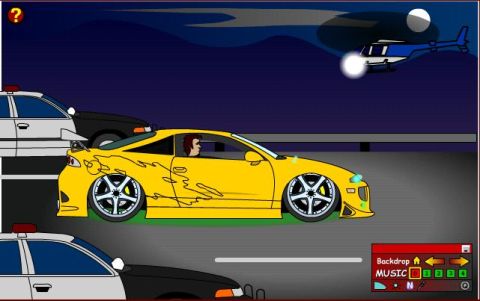 1998 Mercury Sable - A cartoon scene depicts a yellow sports car evading police vehicles under a night sky with a helicopter.