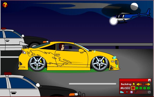 Yellow sports car being chased by police cars at night, helicopter overhead