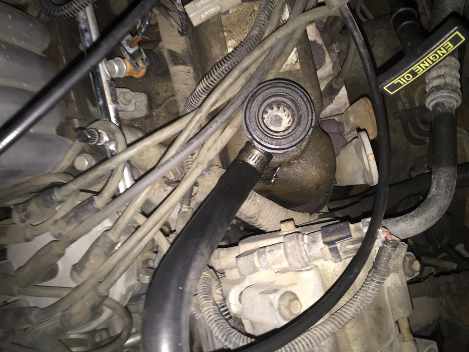 1996 Ford Bronco engine bay with hoses, wires, and an engine oil label.