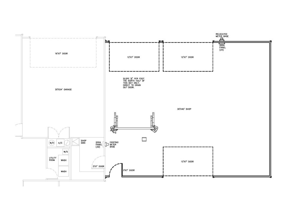 Floor plan drawing of a garage and shop.