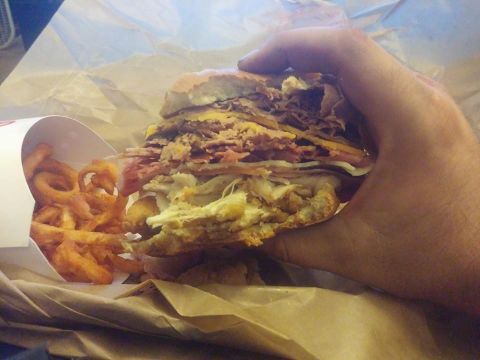 2000 Mercury Grand Marquis - A hand holds a massive sandwich next to a container of curly fries.