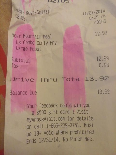 2000 Mercury Grand Marquis - This is a receipt from Arby's, dated November 7, 2014, showing a total of $13.92.