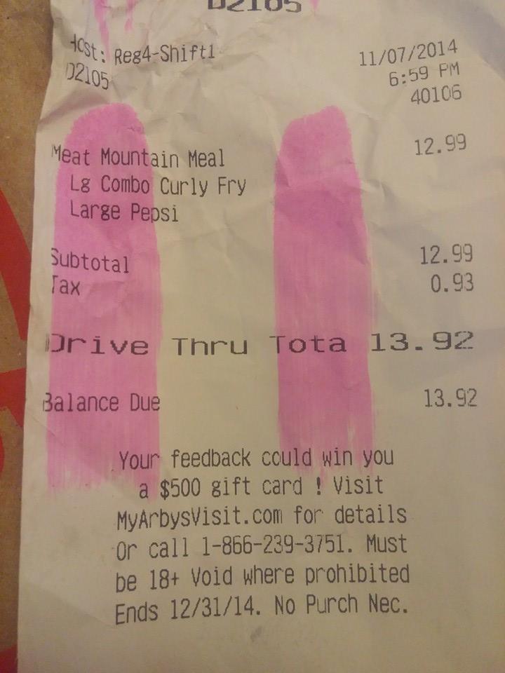 Arby's fast-food receipt with prices highlighted in pink