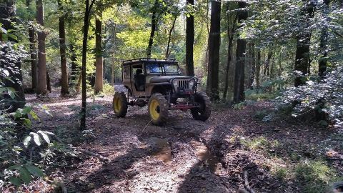 Modified Jeep CJ-7 with large tires and roll cage on a muddy forest trail