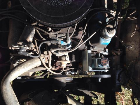 1979 Ford Bronco - Engine bay detail a power steering pump and distributor assembly.
