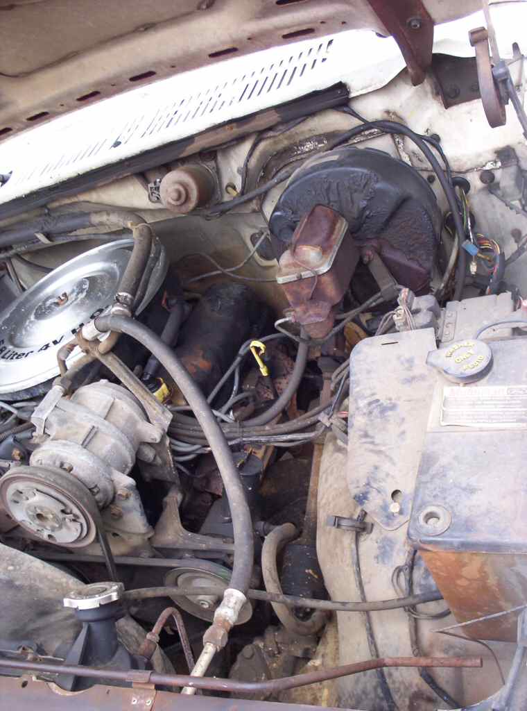 Engine bay of older vehicle with chrome air cleaner reading '4V' liter, rusty components and Ford fluid reservoir