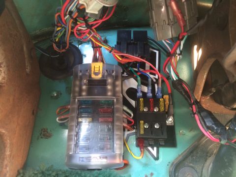1977 Ford F-350 - Aftermarket fuse box and wiring harness with multiple colored wires.