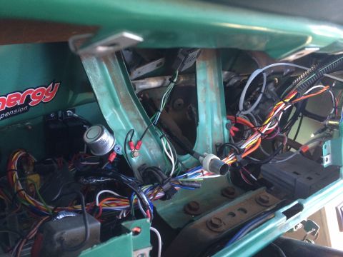 1977 Ford F-350 - A complex network of wires and connectors is visible within the vehicle's interior.