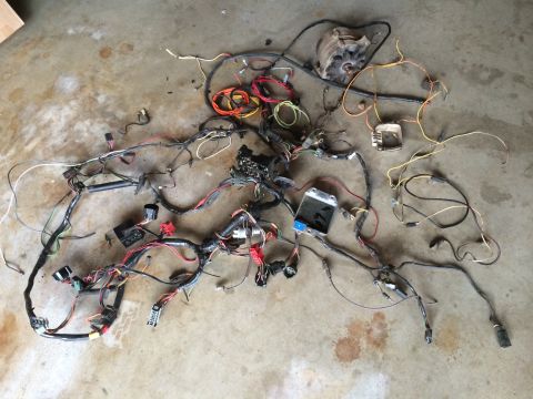 1977 Ford F-350 - A complex vehicle wiring harness is laid out on a concrete surface, showing numerous wires and connectors.