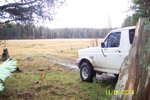 1990 Ford Bronco - White 1990 Ford Bronco sits off-road in a field during overcast weather.