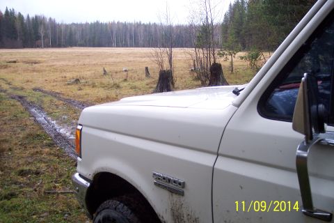 1990 Ford Bronco - A white Ford Bronco is parked on a muddy track in a field with trees in the background.