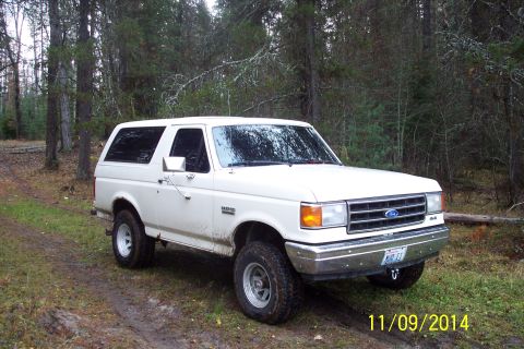 1990 Ford Bronco - A white Ford Bronco is parked on a muddy trail surrounded by trees.