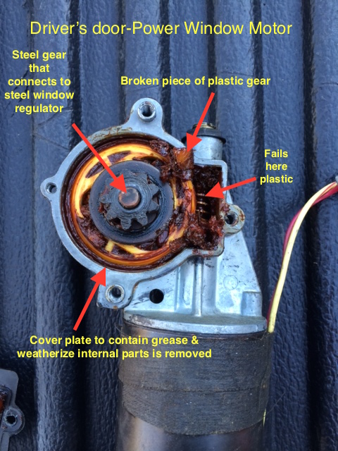 1990 Ford F-150 - This power window motor shows a broken plastic gear, a common failure point.