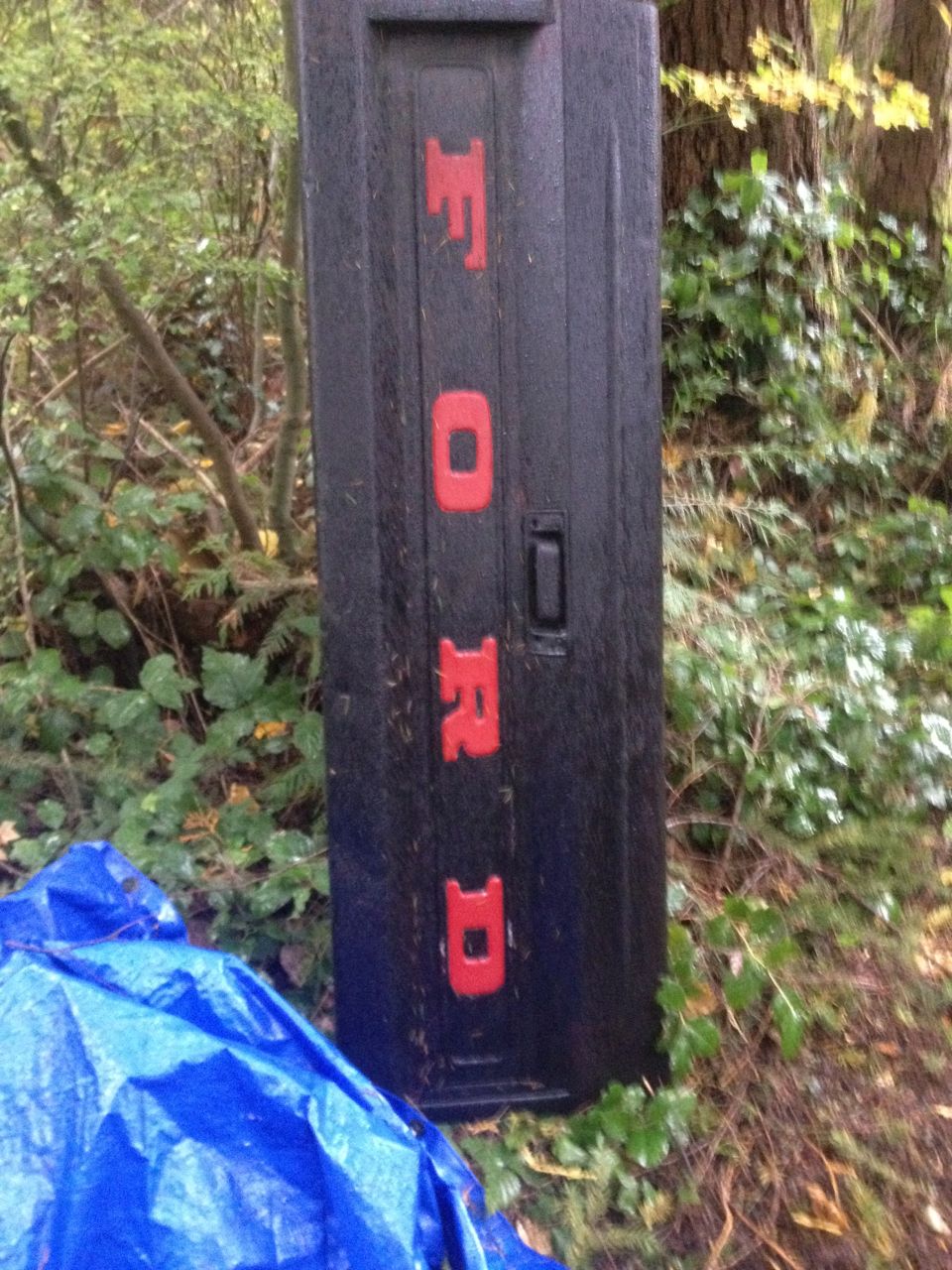 Black Ford tailgate with red lettering