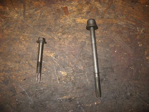 1994 Ford Bronco - Two bolts, one shorter and one longer, are laid out on a textured wooden surface.