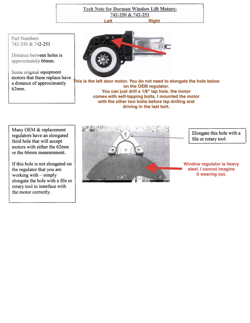 Dorman window lift motor tech note with installation instructions and photos of motor and regulator