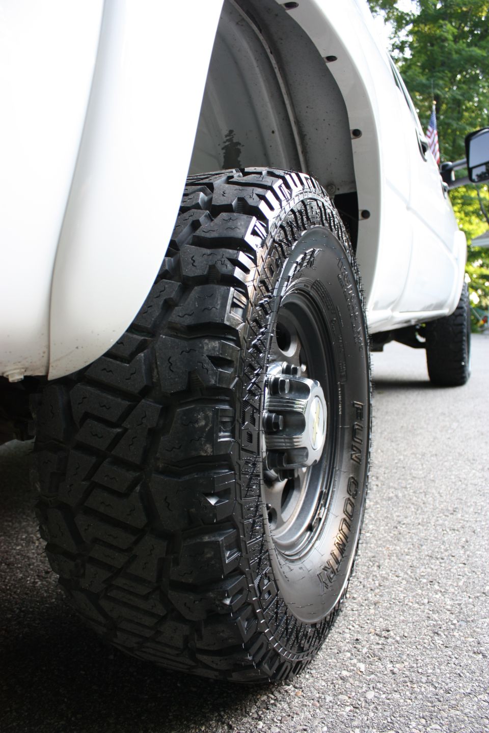 Close-up of a white Chevrolet Silverado 2500 pickup truck's front wheel and fender