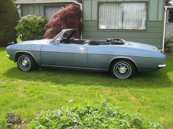 Blue convertible parked on grass in front of a house. It has a black top