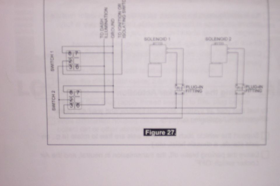 ARB dual Air Locker wiring diagram, Figure 27, with two switches, two solenoids and plug-in fittings
