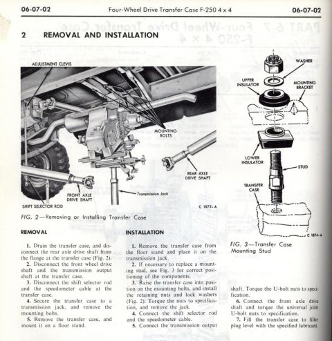 1982 Ford F-100 - Technical illustration detailing the process of removing and installing a four-wheel drive transfer case, including exploded views of mount…