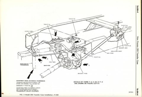 1982 Ford F-100 - This diagram illustrates the installation of the Model 205 transfer case, detailing various components and adjustment procedures.
