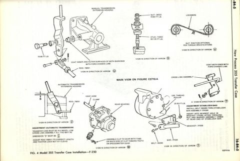 1982 Ford F-100 - Diagram illustrates the installation process for a Model 205 transfer case, including various components and assembly steps.