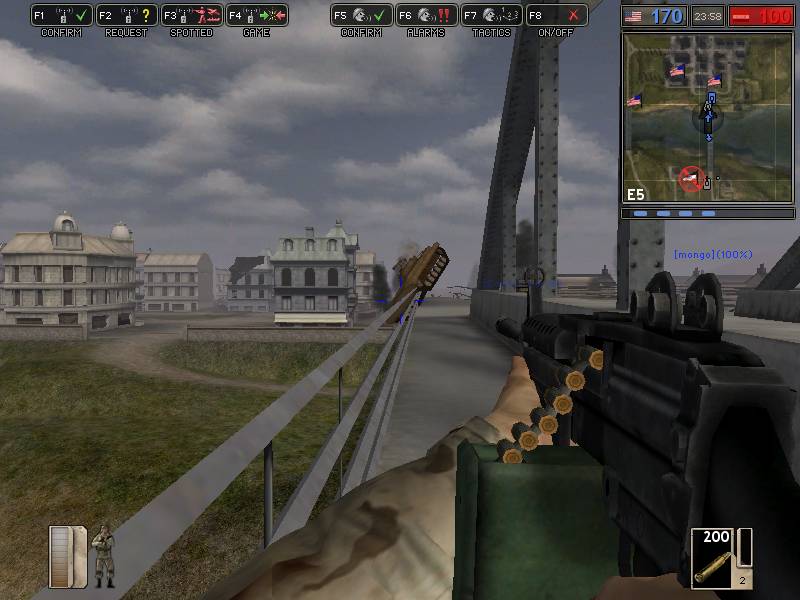First-person view in a video game, looking at a tank on a bridge with buildings in the background