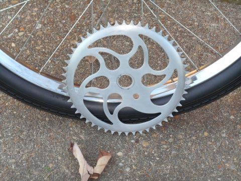 Silver bicycle chainring with intricate cutouts next to a tire and spokes