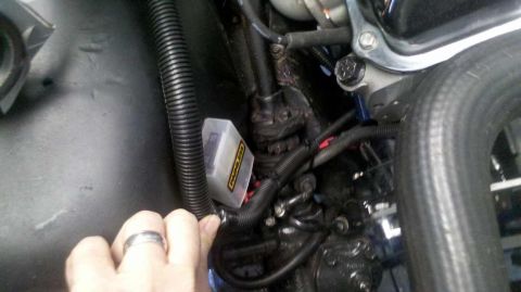 1982 Ford Bronco - A hand with a ring is pointing towards a small clear plastic box with yellow and black lettering, attached to a bundle of black wiring and…