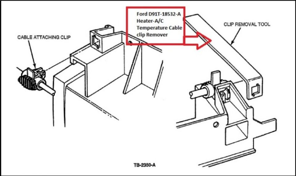 Ford D91T-18532-A heater-A/C temperature cable clip remover on cable attaching clip