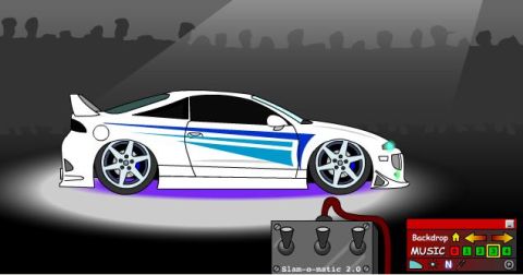 1997 Ford Taurus - This cartoon depicts a modified sports coupe with custom graphics and underglow lighting.
