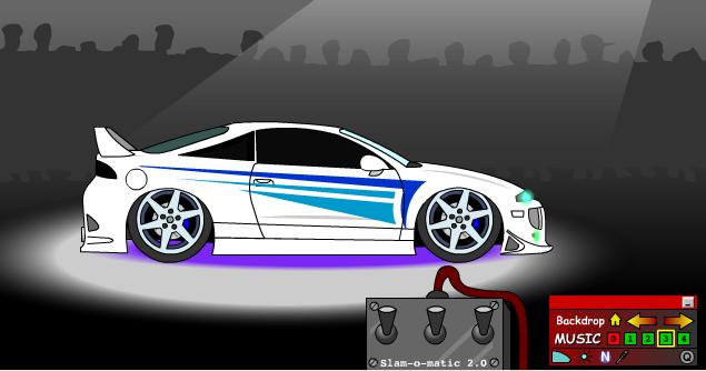 Cartoon white sports coupe with blue stripes, purple underglow, on a stage