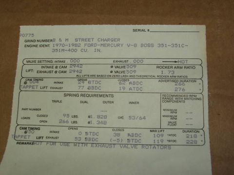 1972 Ford Ranchero - Crane blower cam card 'Stage I'