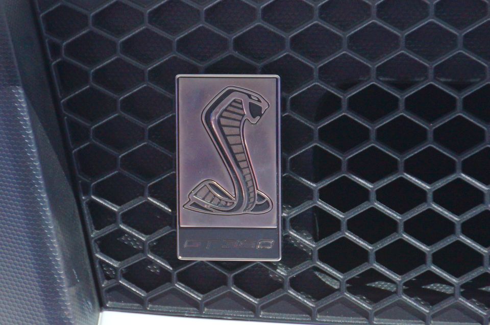 Close-up of a Ford GT350 cobra emblem on a black honeycomb grille.