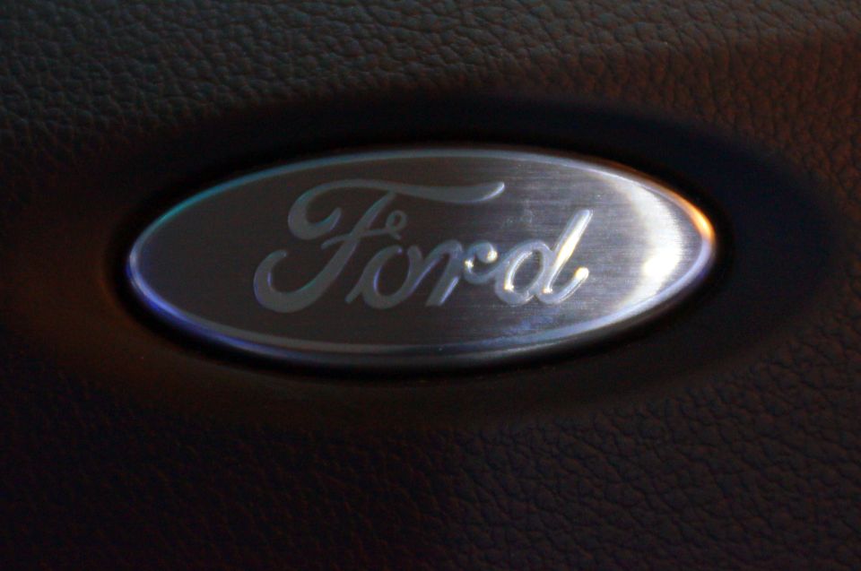 Ford emblem on dark textured interior trim.