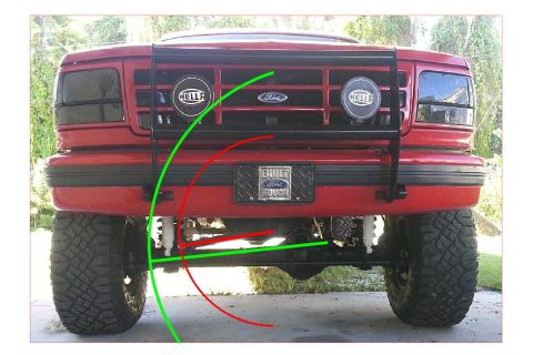 1986 Ford Bronco - Front view of a red Ford truck a bull bar, Hella lights, and a "Built Ford Tough" emblem on the license plate bracket.