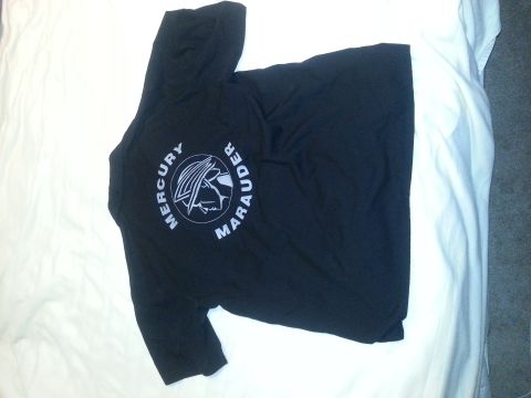 2003 Mercury Marauder - A black t-shirt with the Mercury Marauder logo printed on the back is laid out on a white surface.