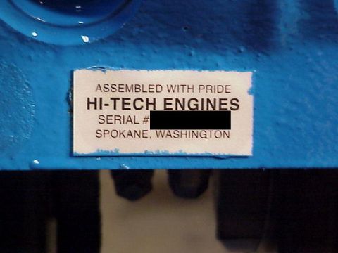 1989 Ford Bronco - Label on a blue engine block from Hi-Tech Engines in Spokane, Washington.