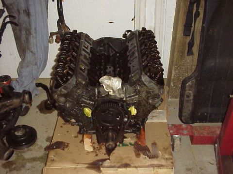 1989 Ford Bronco - Engine block on a stand with some parts nearby, possibly undergoing maintenance or repair.