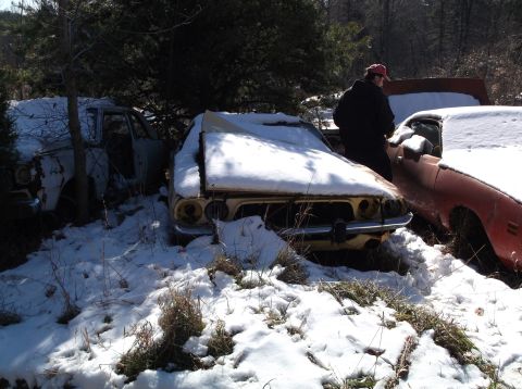 1974 Dodge Challenger - Several cars sit in a snowy junkyard, including the front of a 1974 Dodge Challenger.