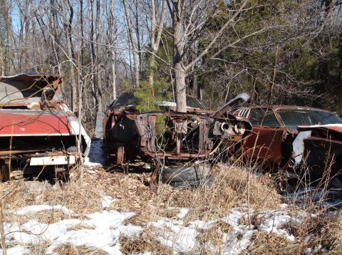 1974 Dodge Challenger - Abandoned vehicles decay in a forest clearing, overgrown with vegetation and partially covered in snow.