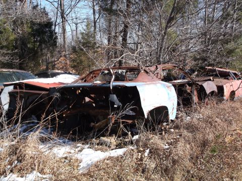1974 Dodge Challenger - Multiple rusted vehicle hulks sit abandoned in a wooded junkyard during winter.
