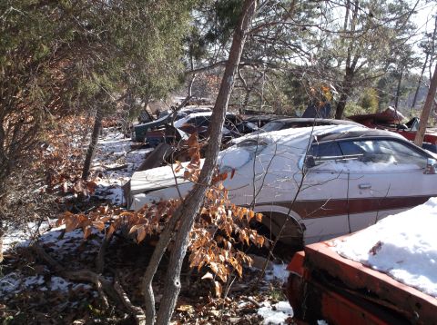 1974 Dodge Challenger - A collection of abandoned vehicles rests in a snowy, wooded junkyard.