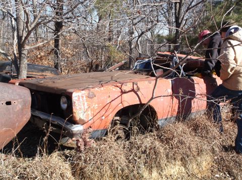 1974 Dodge Challenger - A heavily rusted 1974 Dodge Challenger sits abandoned in a wooded area, partially obscured by branches and tall grass.